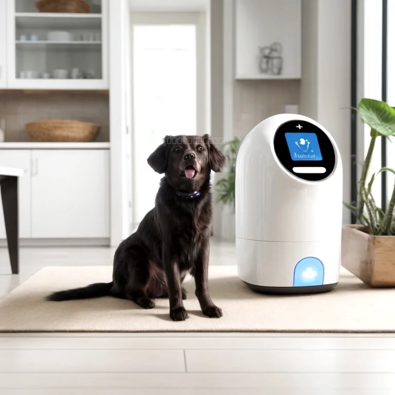 Happy pet interacting with a smart feeder